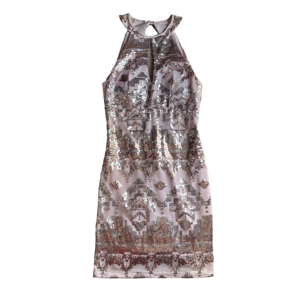Tawny Pink Gold Aztec Print Sequin Cutout Dress